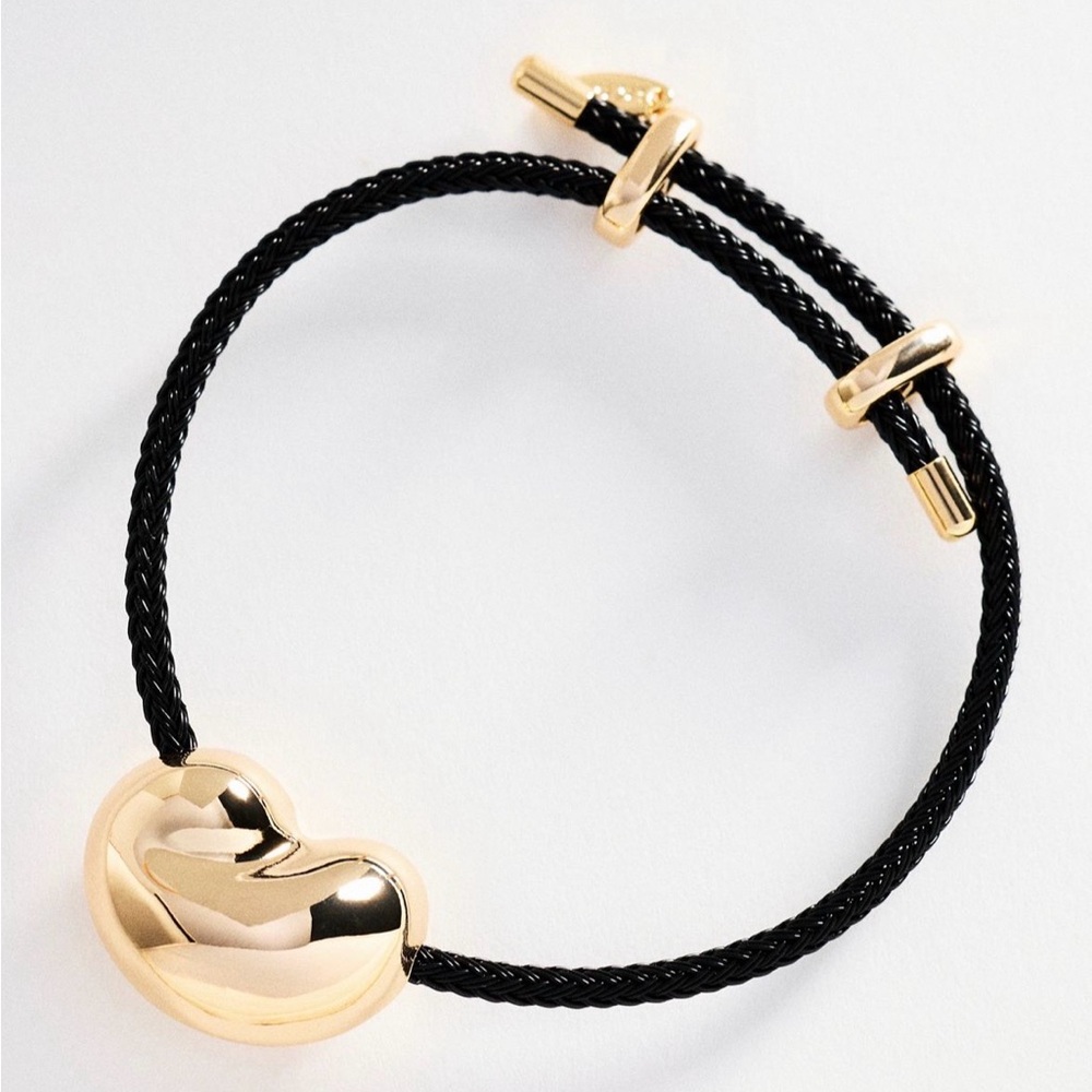 ANTHROPOLOGIE Serefina NWOT Bean Pendant Cord Bracelet Black 14K Gold Plated $42